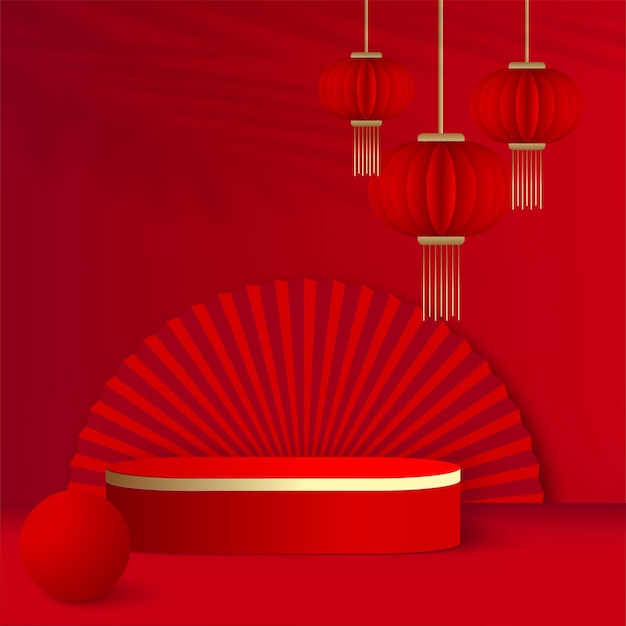 Chinese nieuwe jaarachtergrond met rood podium. vector illustratie