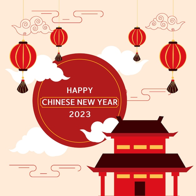Chinese nieuwjaarskaart met lantaarns en traditionele Chinese huizen