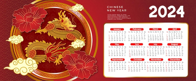 Vector chinese nieuwjaarskalender met traditionele draak zodiac