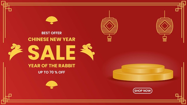 chinese nieuwjaarsuitverkoop. jaar van het konijn. eenvoudig ontwerp met konijn, ventilator, lantaarn en podium