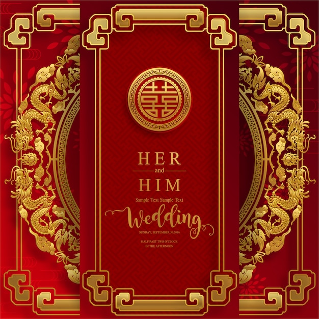 Chinese oosterse bruiloft uitnodiging kaartsjablonen met prachtige patroon op papier kleur achtergrond.