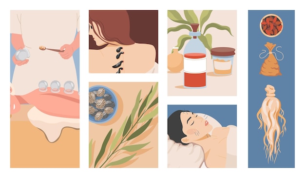 Chinese or oriental alternative medicine vector flat illustration natural healing
