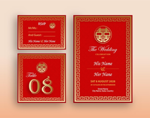 Vector chinese oriental wedding invitation card template with oriental elements and paper cut art and craft style on color background (chinese translation : wedding invitation)