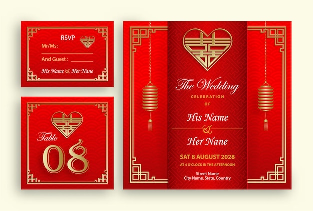 Chinese oriental wedding invitation card template with oriental elements and paper cut art and craft style on color background (chinese translation : wedding invitation)