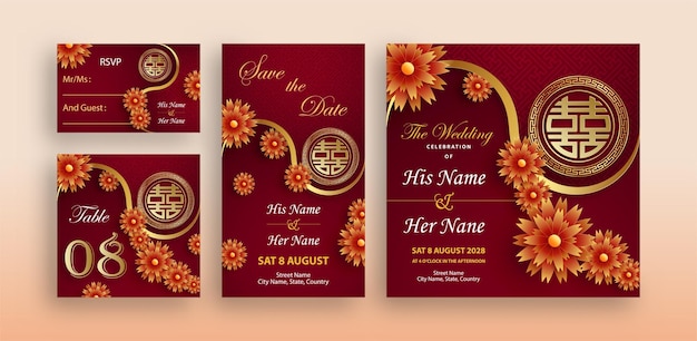 Chinese oriental wedding invitation card template with oriental elements and paper cut art and craft style on color background (Chinese Translation : wedding invitation)