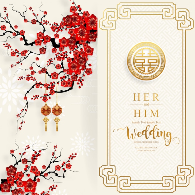 ベクトル 紙の色の背景に美しい模様を持つ中国東洋の結婚式招待状カードのテンプレート。