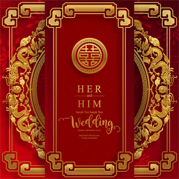 chinese oriental wedding Invitation card templates with beautiful patterned on paper color Background.