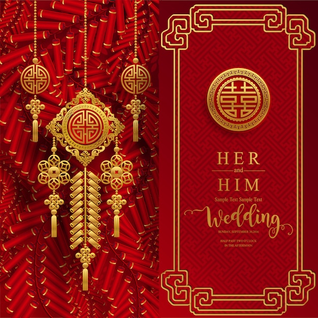 Chinese oriental wedding invitation card templates with beautiful patterned on paper color background.