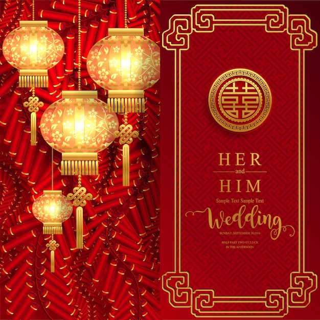 Chinese oriental wedding invitation card templates with beautiful patterned on paper color background.