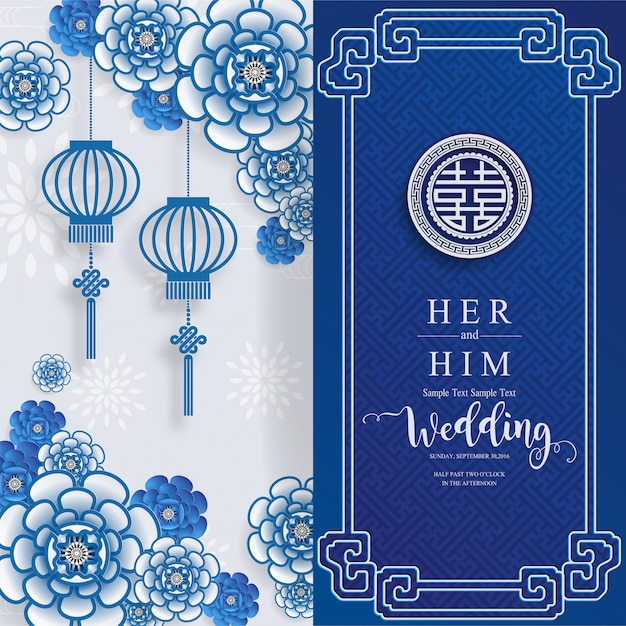 Chinese oriental wedding invitation card templates with beautiful patterned on paper color background.