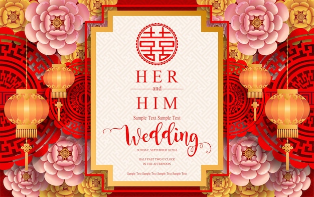 Chinese oriental wedding Invitation, menu card templates with beautiful patterned on paper color Background.