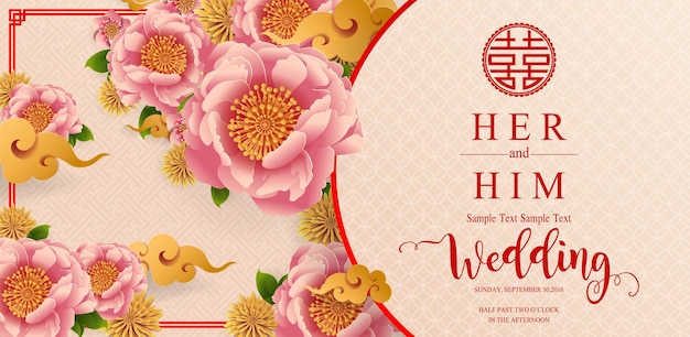 Chinese oriental wedding Invitation, menu card templates with beautiful patterned on paper color Background.