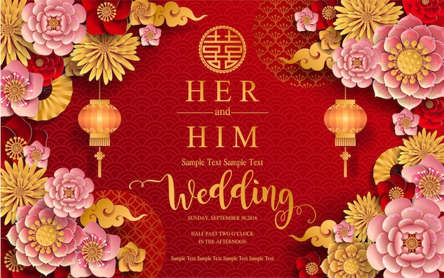 中国の東洋の結婚式の招待状、紙の色の背景に美しい模様のメニューカードテンプレート。