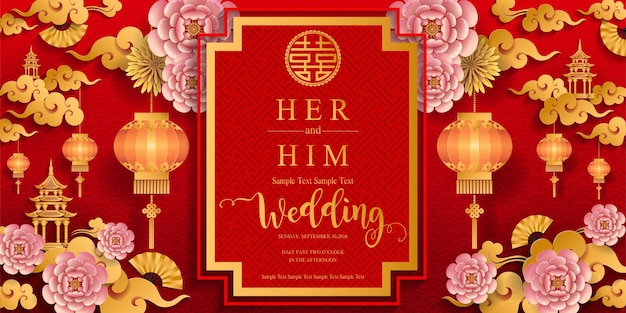 Chinese oriental wedding Invitation, menu card templates with beautiful patterned on paper color Background.