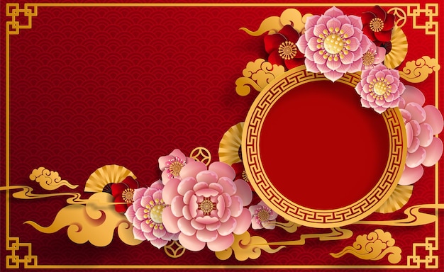 Chinese oriental wedding Invitation, menu card templates with beautiful patterned on paper color Background.