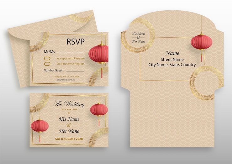 Вектор шаблон конверта для китайской восточной свадьбы (ответ rsvp), вырезанный из бумаги в художественном и ремесленном стиле, с цветным фоном и восточными элементами (китайский перевод: приглашение на свадьбу)
