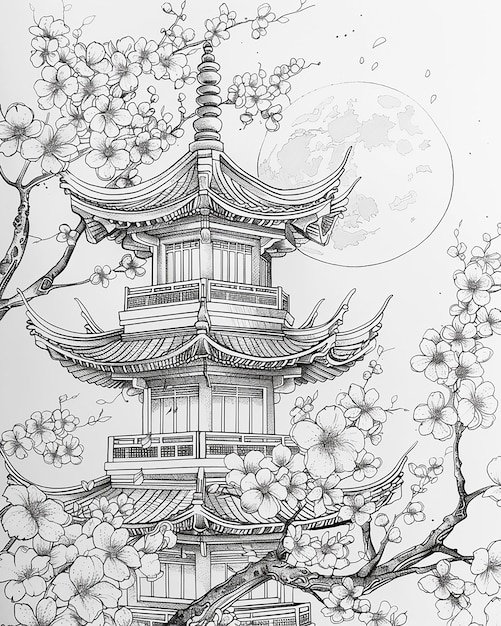 Vector chinese pagoda and moon in background