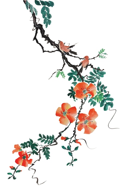 중국 그림 오렌지 히비스쿠스 꽃 프 작은 갈색 새