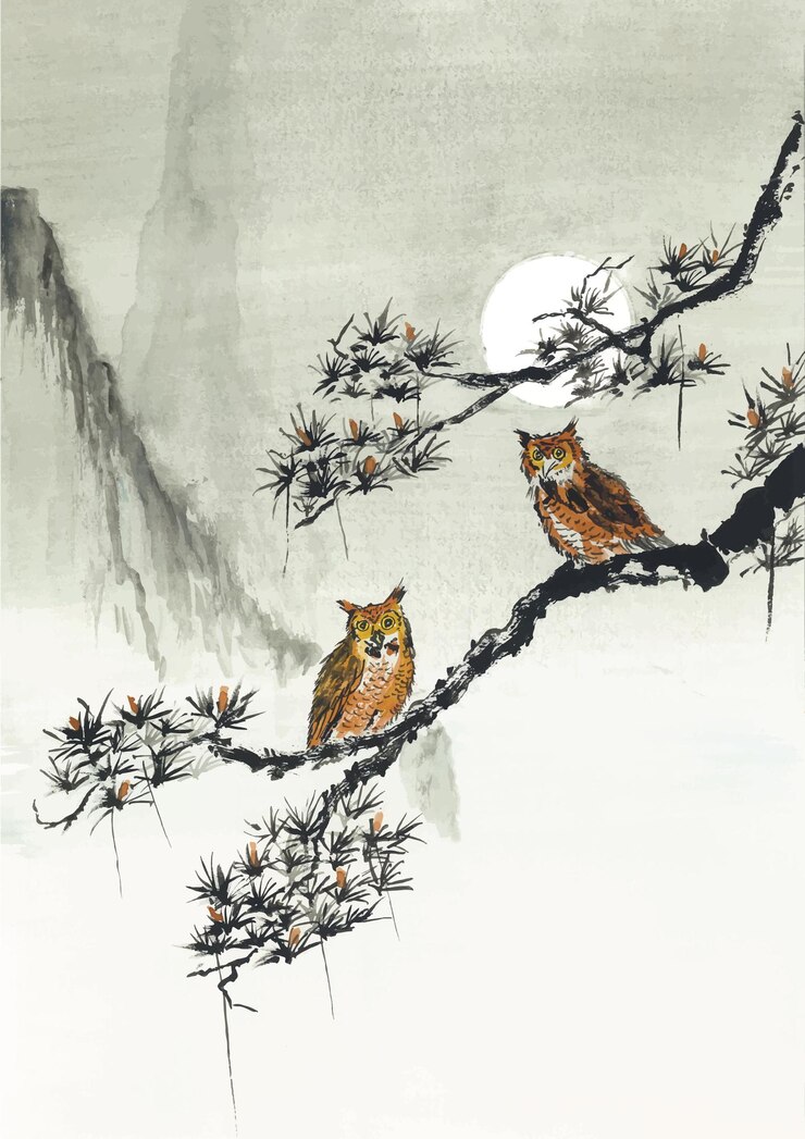Vector chinese painting owl on the branch of pine tree at full moon night