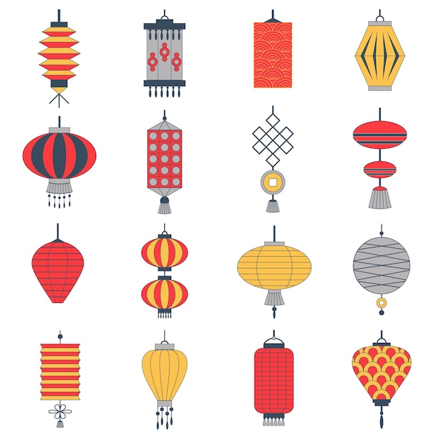Chinese paper lantern collection icon set. New Year and Spring festival decoration elements and holiday celebration symbols. East culture traditional japanese lanterns and lamps.