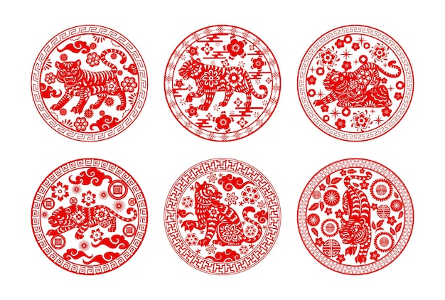 Tigri cinesi papercut, capodanno lunare cinese e segni zodiacali, icone vettoriali. cina capodanno asiatico o tigre simbolo del calendario lunare con ornamenti artistici tagliati con carta di nuvole, fiori e monete
