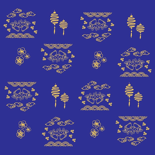 Китайский узор с золотыми линиями художественных символов простые нарисованные вручную азиатские элементы на синем фоне