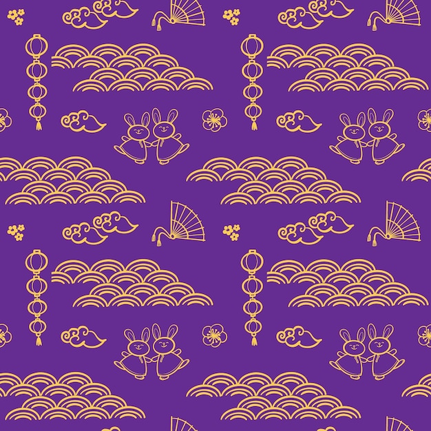 Chinese pattern with gold line art characters simple handdrawn asian elements on violet background