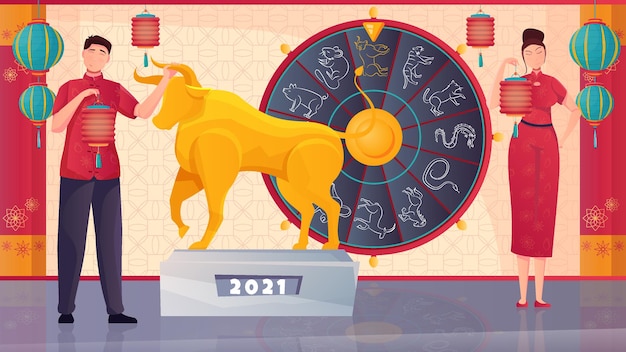Гороскоп китайцев и золотой бык-символ нового года 2021 года плоская иллюстрация