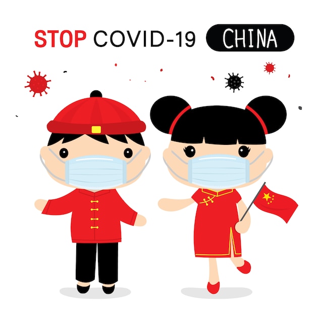 Covid-19を保護および停止するために、中国人は民族衣装とマスクを着用します。インフォグラフィックのコロナウイルス漫画。