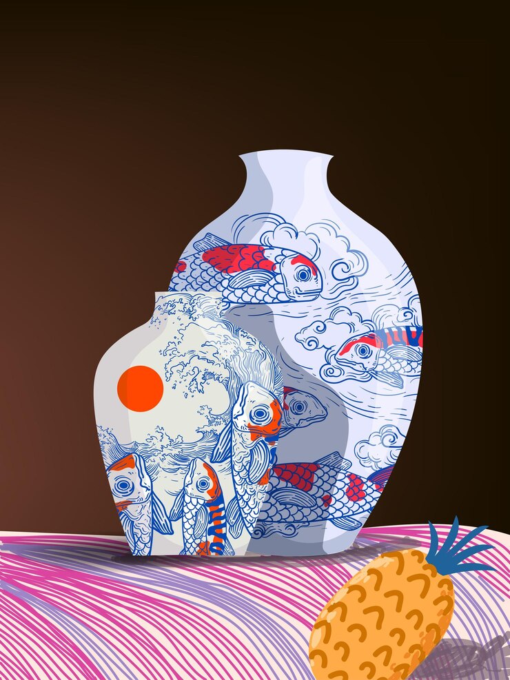 Vector chinese porcelain ceramic vase vector illustration flower bowl pottery antique with ornament