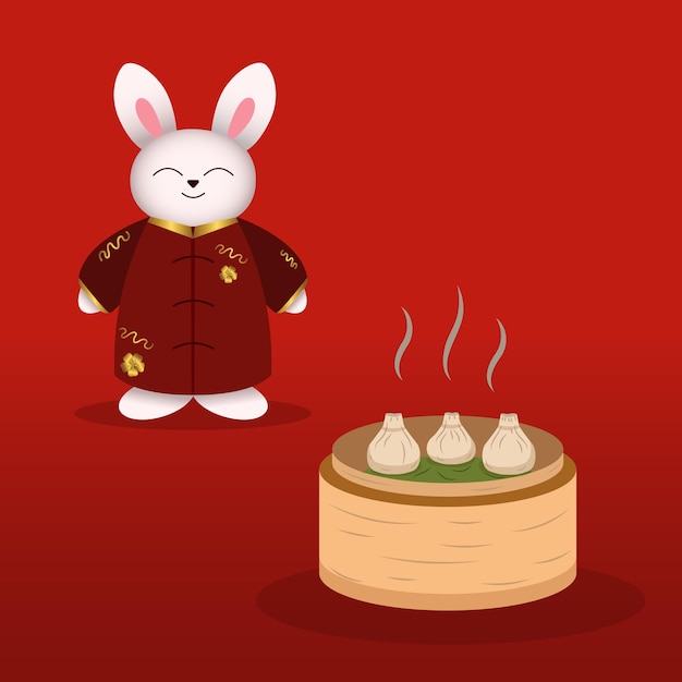 Chinese rabbit bunny in kimono with Dumpling on Steamed Vector illustration Asian food