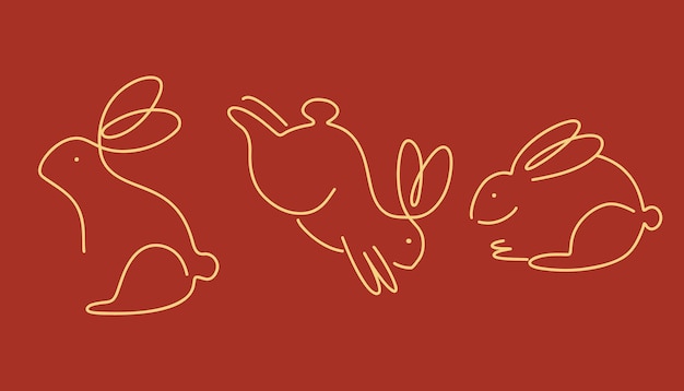 Chinese rabbit set Golden traditional New Year zodiac animal clouds and flowers gold bunny silhouette on red background 2023 Horoscope decor elements Asian lunar calendar vector illustration