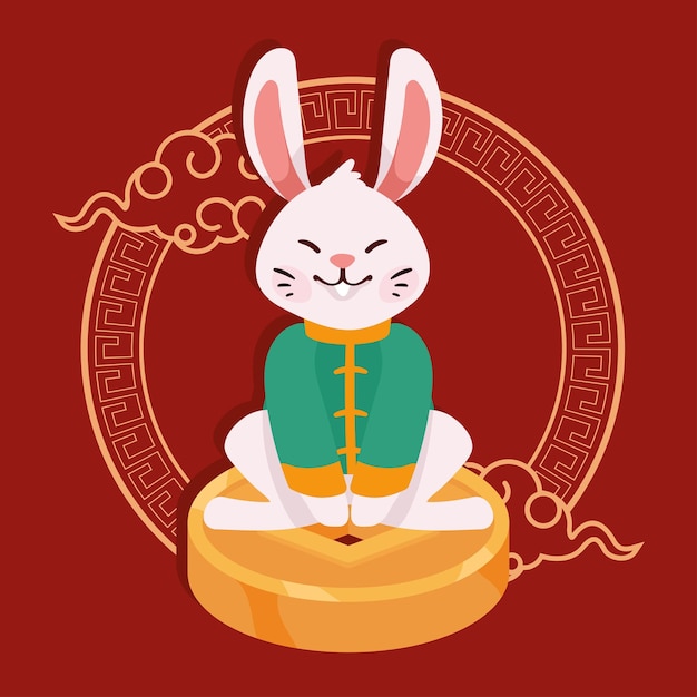 Vector chinese rabbit with clouds