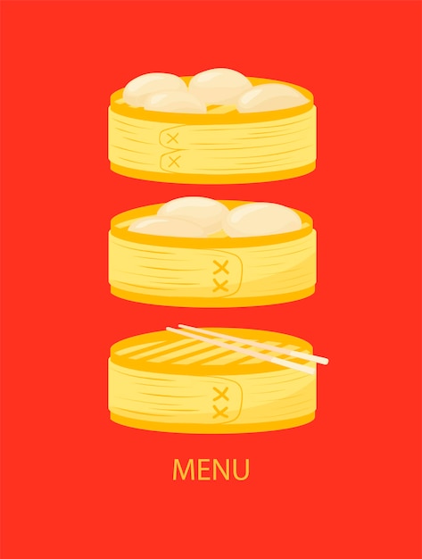 Chinese restaurant menu ontwerp dim sum Chinese dumpling in een bamboe stoomdoos Vector