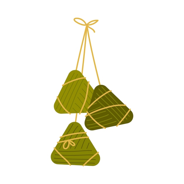 Vector chinese rice dumplings zongzi wrapped in bamboo leaves. taiwanese traditional holiday food. bundle of zongzi. asian food. flat vector illustration isolated on white background. duanwu holiday.