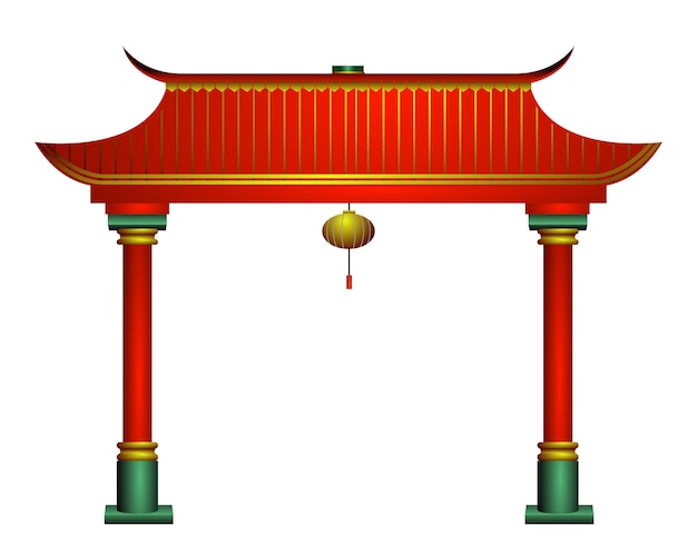 chinese rode poort en pilaren met gouden decoratie.