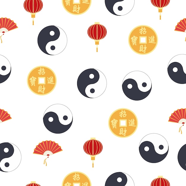 Chinese seamless pattern with feng shui chinese coin with hole yinyang fan paper lantern