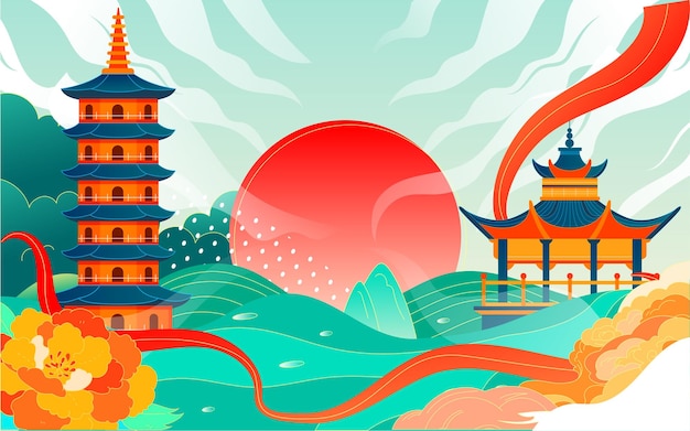 Vector chinese style ancient architecture city scenic spot illustration of changsha landmark tourism