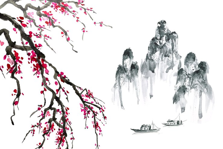 Vector chinese style cherry blossom branch watercolor painting mountain riverside atmosphere