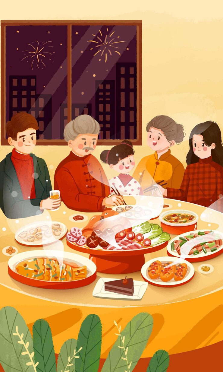 Vector 중국식 가족이 함께 먹는 포스터