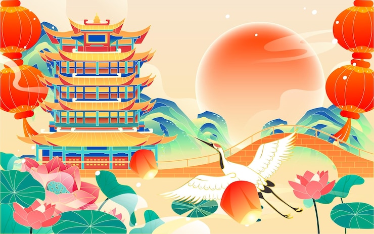 Vector chinese style landmark building to celebrate mid autumn festival and national day festival