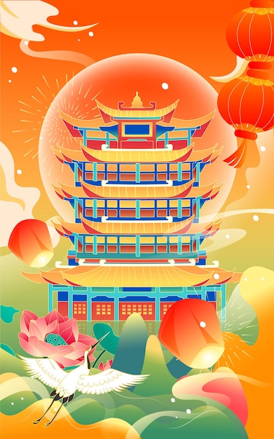 Vector chinese style landmark building to celebrate mid autumn festival and national day festival