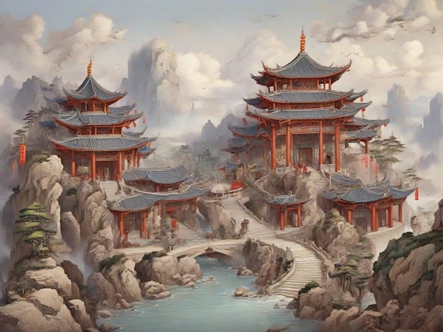 Vector chinese temple cherry blossom landscape