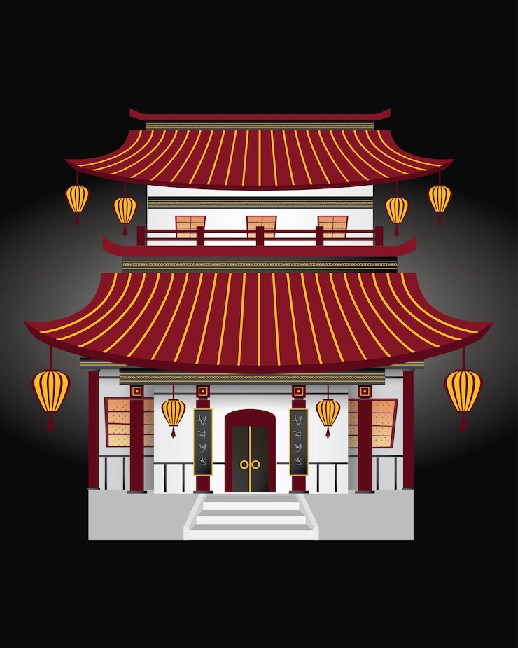 Vector chinese temple traditional building on black background