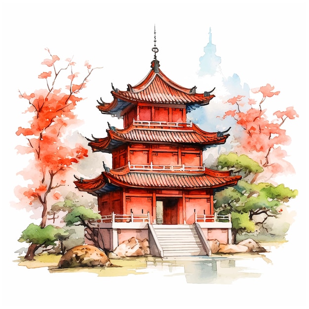 Vector chinese temple watercolor paint ilustration