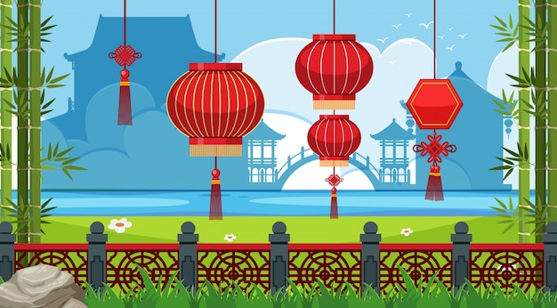 Vector chinese theme background with red lanterns