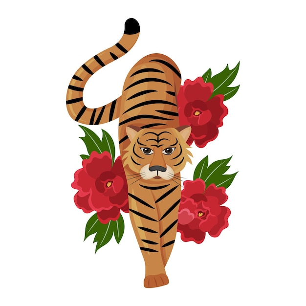 Vector chinese tiger on the background of bright peonies