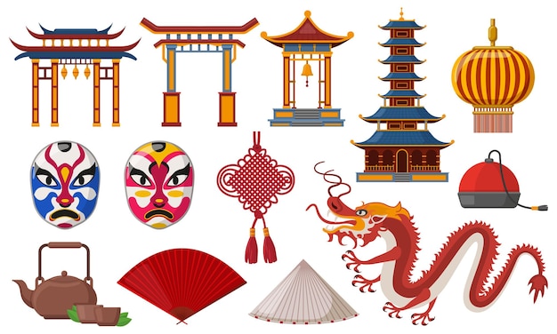 中国の伝統的な。アジア文化の伝統的な要素、塔、提灯、ドラゴンのイラストセット