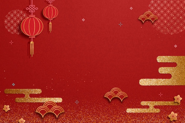 붉은 등불과 황금빛 반짝이 장식이 있는 중국 전통 배경