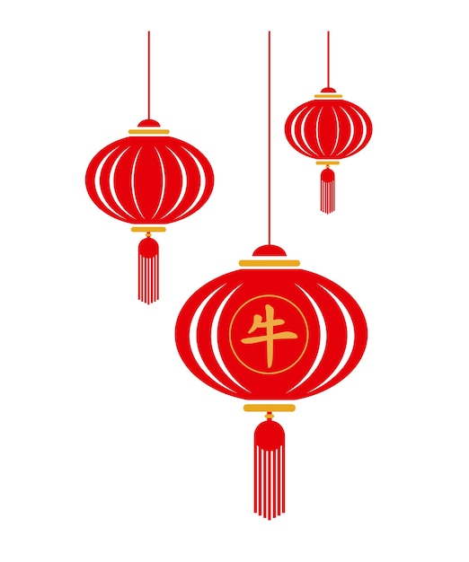 Vector chinese traditional lanterns in the year of the bull.   illustration in flat style.